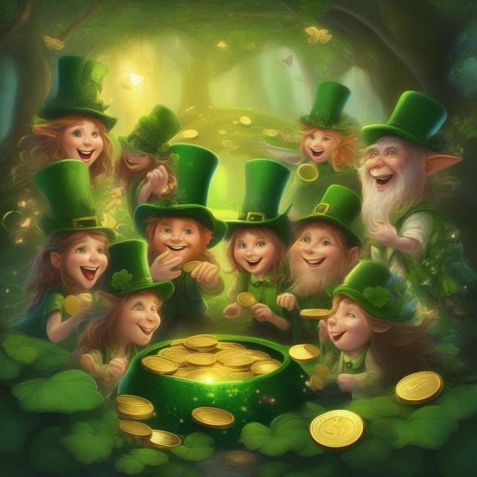 Get into the spirit of St. Patrick's Day with this fun wallpaper featuring a group of happy leprechauns and a pot of gold.