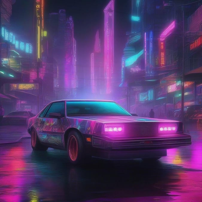 Drive into the neon-lit futuristic cityscape with a custom pink and black muscle car, ready to conquer the tech-advanced streets.