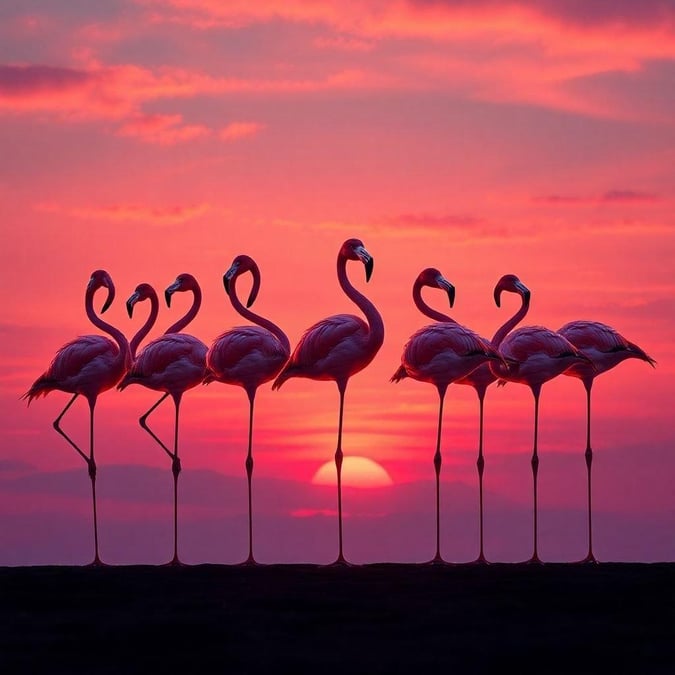 This stunning wallpaper features a flock of flamingos standing in front of a breathtaking sunset. The vibrant colors of the sky and the birds' pink feathers create a visually striking image that is sure to captivate anyone who sees it.