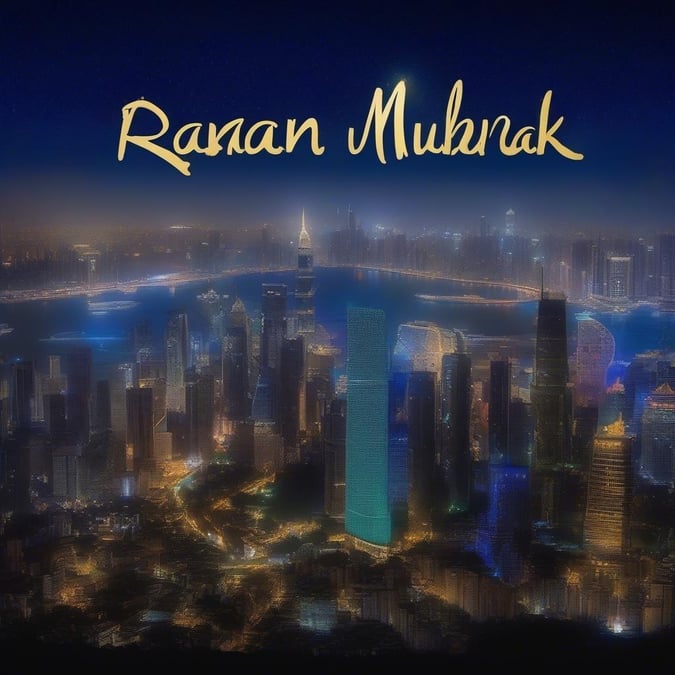 Celebrate the end of Ramadan with a festive city skyline at dusk. The lights illuminate the sky above, while below a multitude of decorations adorn the streets and buildings in preparation for the joyous Eid celebrations.