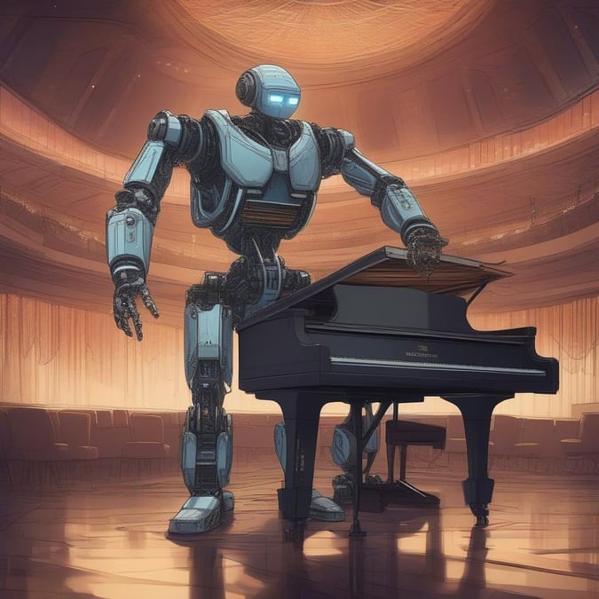 In this futuristic scene, a robotic character with blue eyes sits at the piano in an empty concert hall. The atmosphere is quiet and almost magical, as if waiting for the music to fill the space.