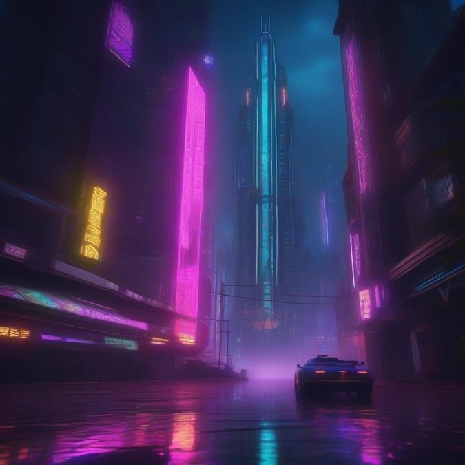 A dark, wet city street at night, glowing with neon signs. A vehicle cruises down the rain-slicked road, casting reflections on the slick asphalt.