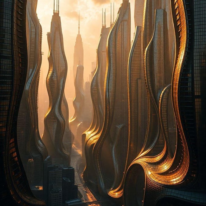 A surreal urban landscape with towering, intertwining skyscrapers reaching up to the sky. The golden light of a sunset illuminates the buildings and adds an artistic touch to the scene.