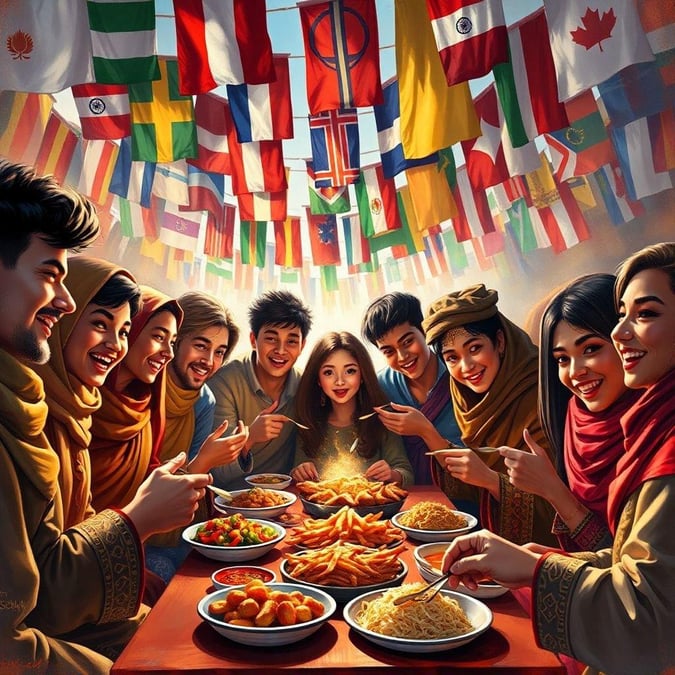 An international group of friends gather to celebrate the variety of culinary delights from around the world.