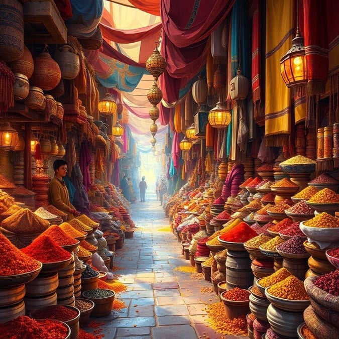 A bustling spice bazaar in Morocco, alive with colorful goods, inviting scents and the hustle and bustle of traders.