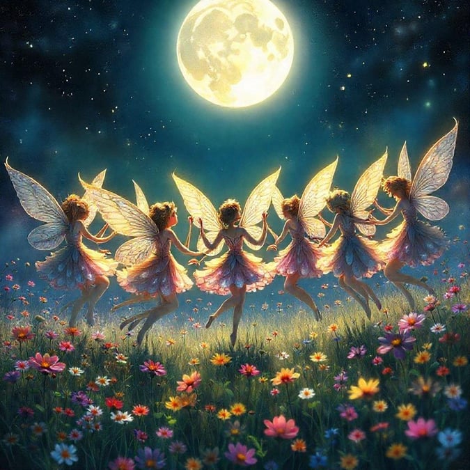 Under the glowing moon, a group of fairy friends twinkle in the night sky. Dressed in magical outfits, they dance and frolic on a bed of stars, their laughter echoing through the enchanted garden. This dreamlike wallpaper transports you to a realm of fantasy and wonder.