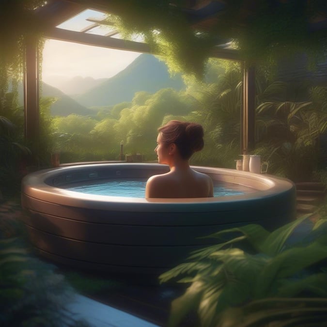 Relax and unwind in this serene spa setting. The woman in the hot tub is surrounded by lush greenery, creating a peaceful and calming atmosphere. The soft lighting and gentle colors of the image make it perfect for use as a wallpaper on your desktop or mobile device.