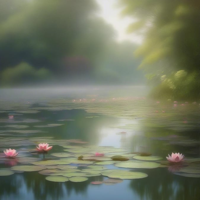 A serene view of a pond in the misty dawn, surrounded by lotus flowers that gently float on its surface.