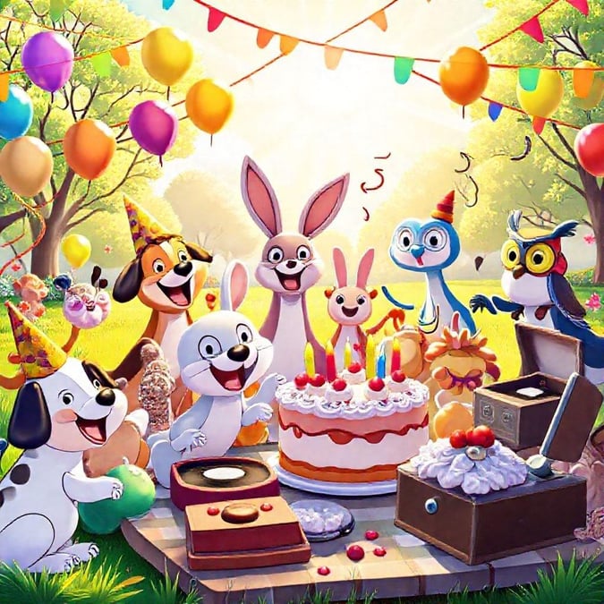 Join our animated friends for a joyful birthday party filled with balloons, treats, and good cheer.