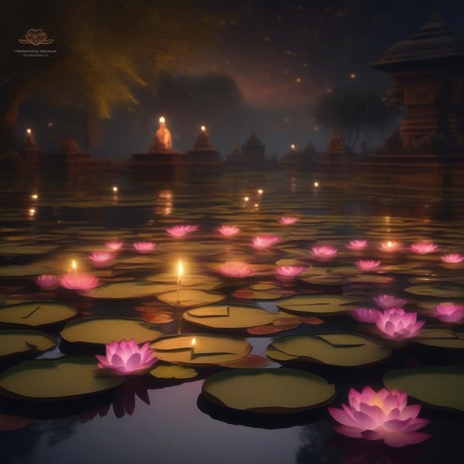 A serene evening scene with blooming lotuses illuminated by candlelight on a tranquil waterway, embodying the beauty of Diwali celebrations.