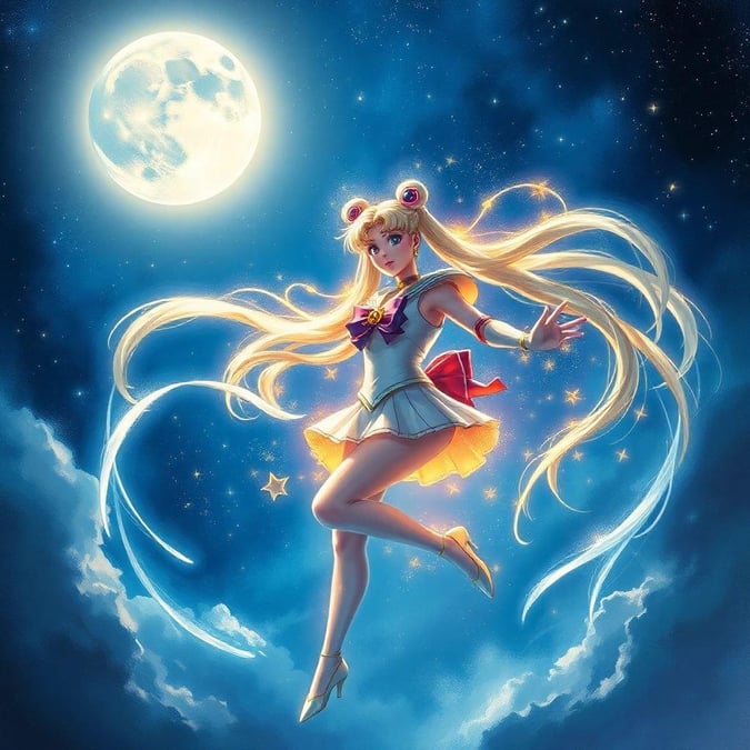 In a world where magic comes to life, Princess Serenity embodies the essence of power and grace. She soars through a mystical night sky, her hair flowing like the wind beneath the full moon's ethereal light. The stars watch over her, silent witnesses to her journey. In this realm of wonder, Sailor Moon is more than just an animated character; she is a symbol of courage, friendship, and cosmic destiny.