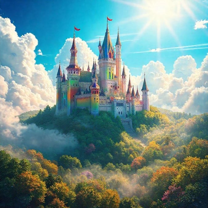 A magical castle sits atop a hill, surrounded by lush greenery and a brilliant blue sky.