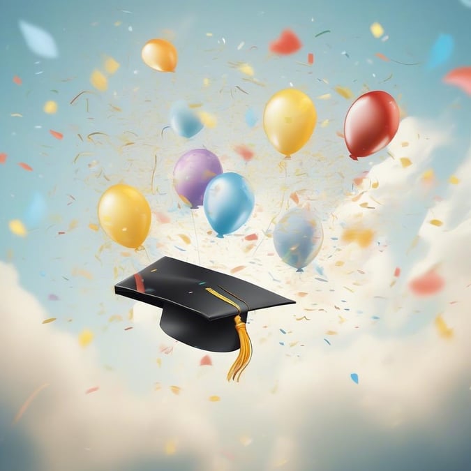 A vibrant wallpaper celebrating graduation, featuring a mortarboard hat and colorful balloons amidst a backdrop of confetti and streamers.