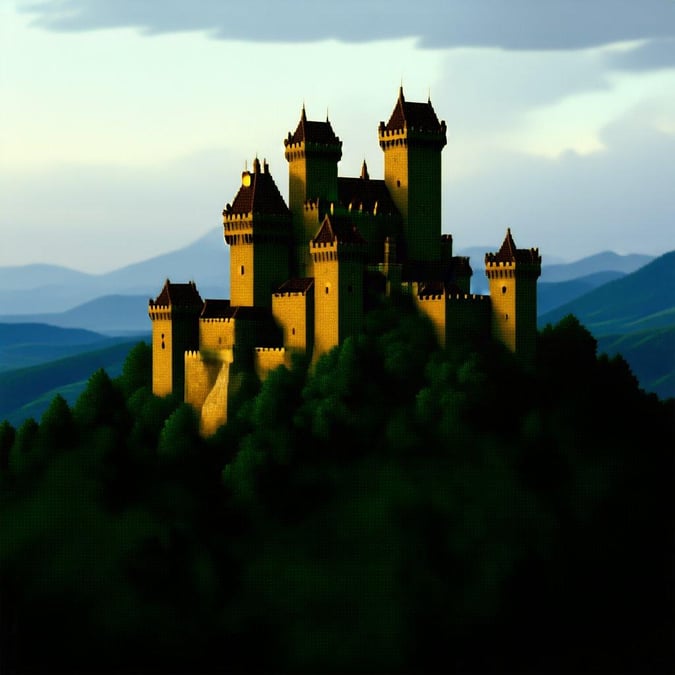 This image is a wallpaper of a castle in the mountains. The castle is made of stone and has tall towers and battlements. It is surrounded by trees and mountains in the background.