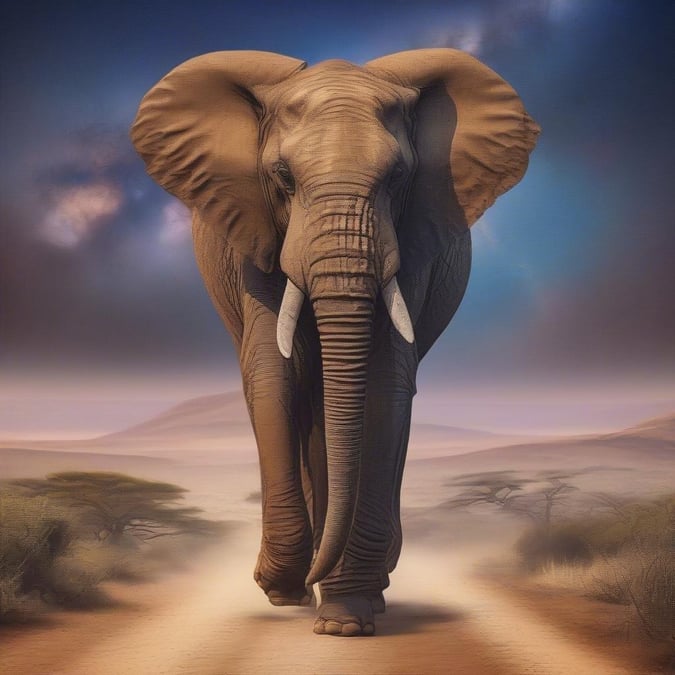 A majestic elephant strides forward into an adventurous sunset, capturing the spirit of wilderness and freedom.