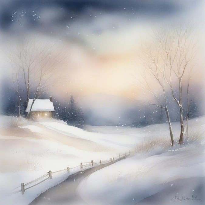 A cozy winter evening scene with a small cabin nestled at the end of a snowy path, trees standing tall against the darkening sky.