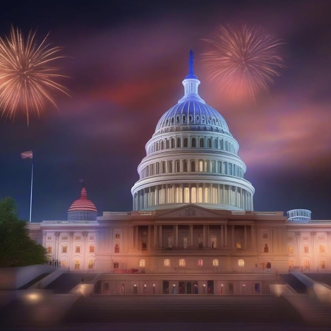 A festive night view of the U.S. Capitol Building, decorated with fireworks and bunting for Independence Day celebrations.