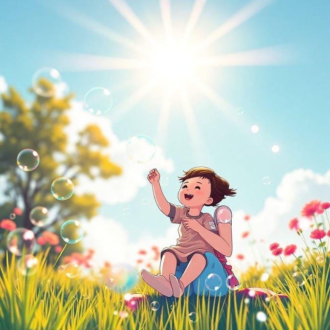 A delightful Mother's Day illustration featuring a young girl playing with bubbles on a sunny day. The image captures the essence of innocent joy and playfulness, perfect for a vibrant wallpaper to celebrate the special bond between mother and child.