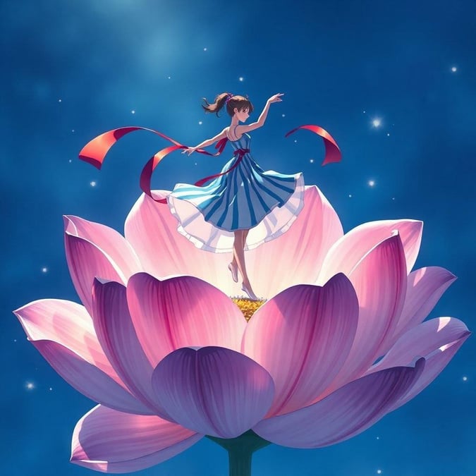 This captivating anime wallpaper features a young woman dancing on the petals of a gigantic blooming flower, set against a deep blue background that adds depth and mystery to the scene.