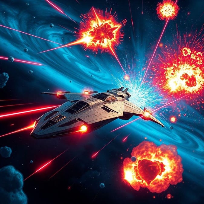 A high-speed space battle unfolds as the spaceship races through a nebula, with laser beams and explosions adding to the intensity.