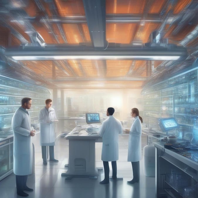 In this futuristic scene, scientists in white lab coats are working together to decipher complex digital data. Their surroundings are filled with the hum of computer servers and the glow of monitors displaying vast networks of information. This high-tech environment suggests a focus on cutting-edge scientific research.