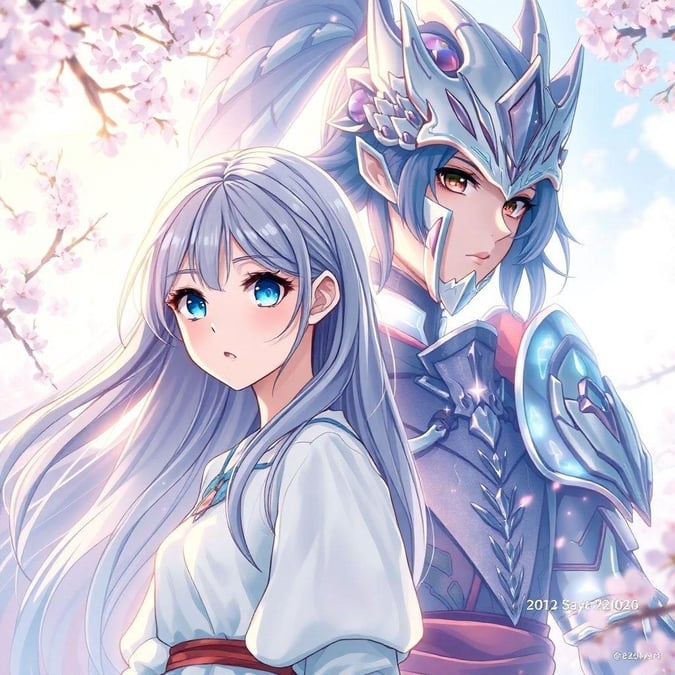 A serene and enchanting anime illustration featuring a shy high school girl and a mysterious magical warrior. The girl's cascading hair adds a whimsical touch, while the warrior's determined gaze creates an air of intrigue.