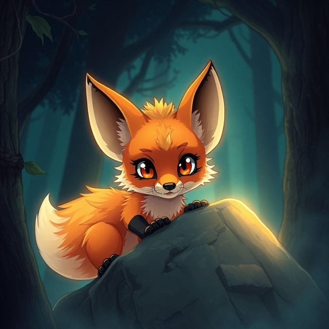 Add a touch of magic to your desktop or mobile with this enchanting anime fox spirit wallpaper. The mischievous creature's vibrant orange and yellow fur stands out against the dark forest background, while its expressive eyes seem to follow you. The soft glow adds a regal presence, making this wallpaper a perfect fit for fans of fantasy and adventure.