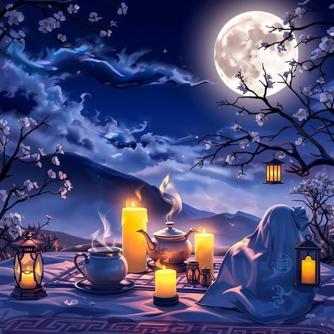 A serene anime scene featuring a tranquil tea ceremony under the radiant glow of the moon, with warm yellow candles and soft lantern light.