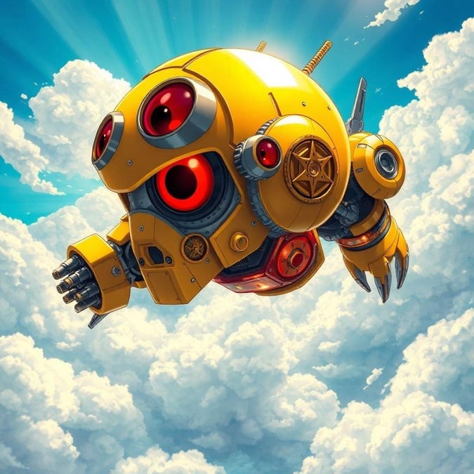 Get ready to soar to new heights with this stunning anime robot wallpaper. With its bright yellow head and intricate mechanical details, this robot is sure to capture your imagination. Flying through the clouds, it's a sight to behold.