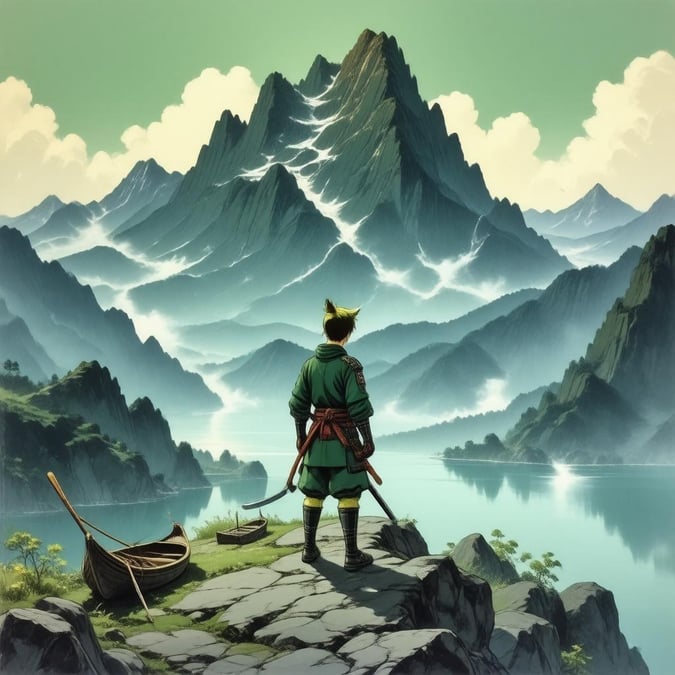 A young samurai stands on the peak of a mountain, overlooking a tranquil lake, poised for his next adventure in this anime illustration.