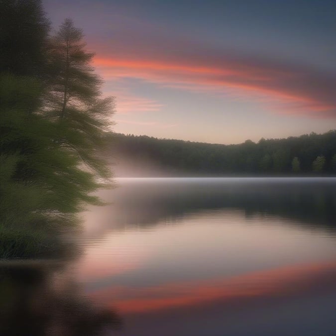 A serene lakeside scene with trees reflecting in the water as the sky transitions from day to night.