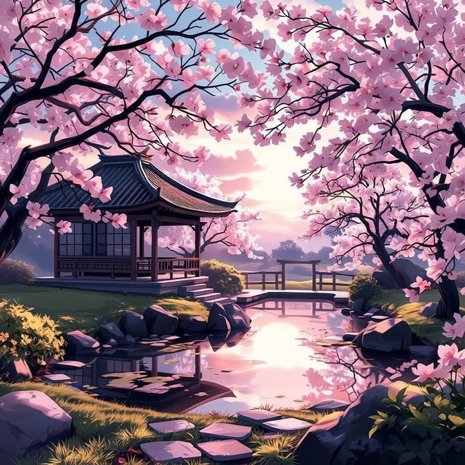 A tranquil anime-style illustration of a serene garden at dawn, with a teahouse and pond surrounded by cherry blossom trees. The peaceful scene, bathed in soft light, captures a moment of calm amidst nature's beauty.