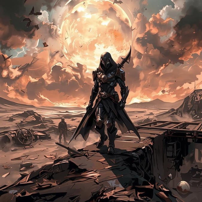 This anime wallpaper features a detailed illustration of a lone cyborg assassin in a desolate, post-apocalyptic landscape. The assassin is shown stalking through an impending storm, with a broken bridge and a distant, solitary figure adding to the atmosphere of desolation and abandonment.