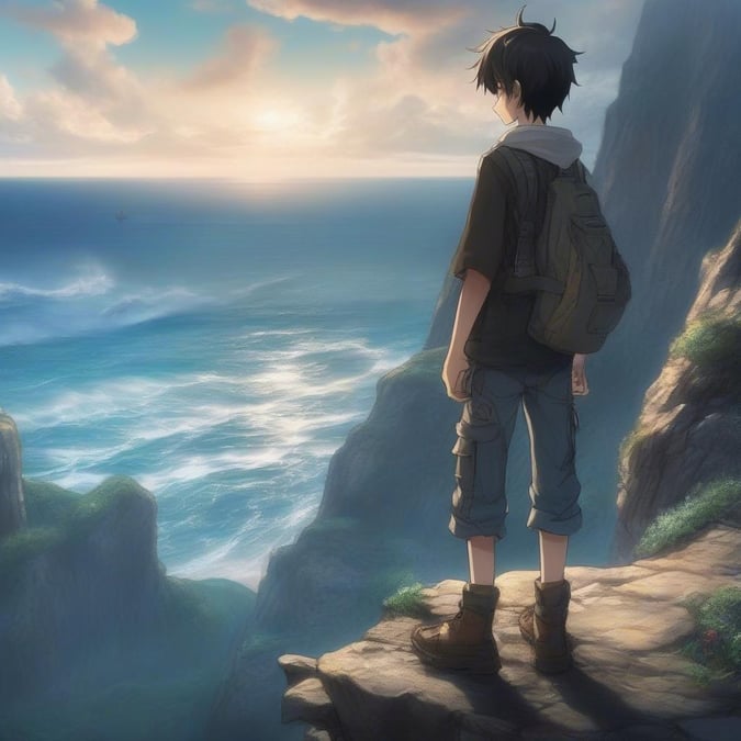 A young anime character enjoys the tranquility of a sunset by the sea.