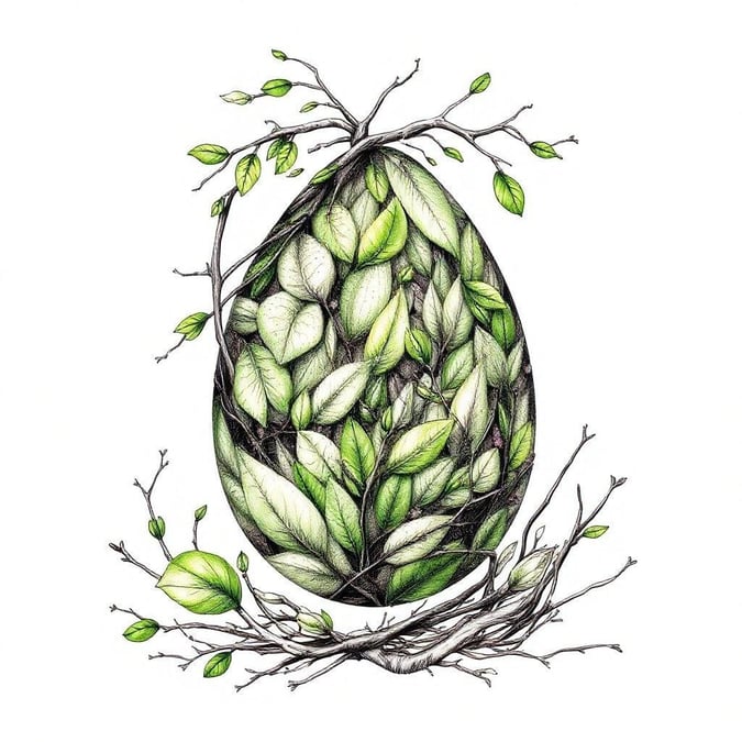 An illustration of an egg nestled in nature, celebrating the arrival of spring with vibrant green leaves surrounding it.