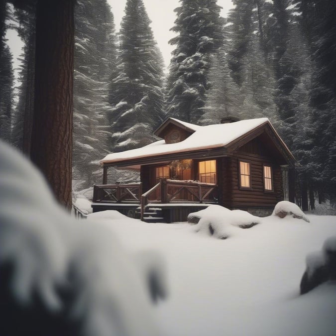 A cozy log cabin nestled amidst the snow-covered woods, with a warm glow from the lit windows inviting relaxation.