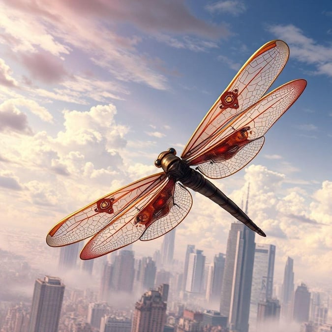 This stunning wallpaper features a dragonfly with steampunk-style wings flying through the sky, set against a backdrop of a city skyline with tall buildings and a cloudy sky. The image exudes an anime-like atmosphere, perfect for fans of the genre.