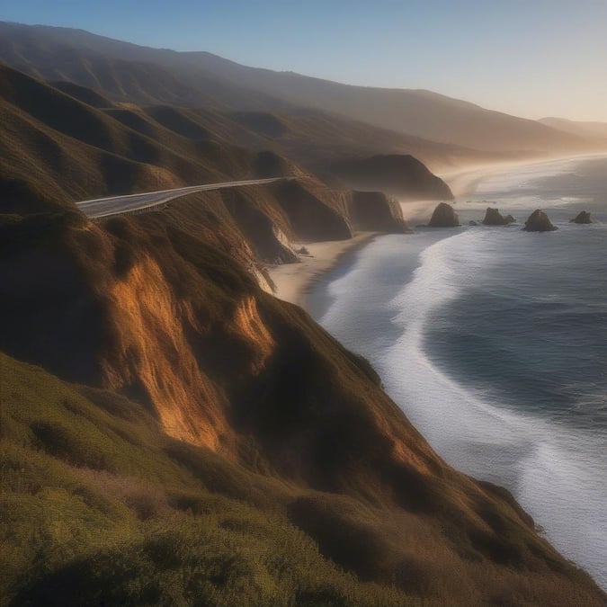 A winding road along the California coast with beautiful ocean views.