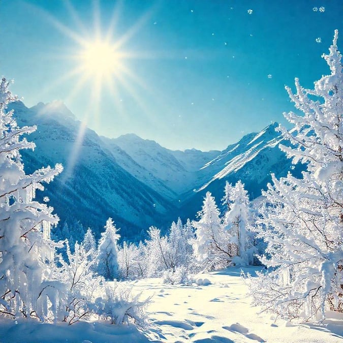 A picturesque winter landscape with snow-covered mountains, a clear blue sky, and a shining sun. The perfect festive winter wallpaper for your desktop.