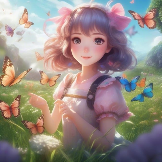 This beautiful anime character is a fairy tale princess adorned with pink ribbons. She's sitting in a field of cherry blossoms, surrounded by playful butterflies and fluttering flowers. The scene evokes a sense of tranquility and enchantment, perfect for a digital desktop wallpaper.