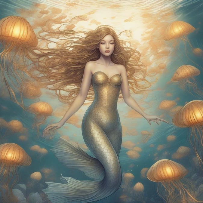 In the mystical depths, she swims among the glowing jellyfish, a mermaid in her own magical realm.