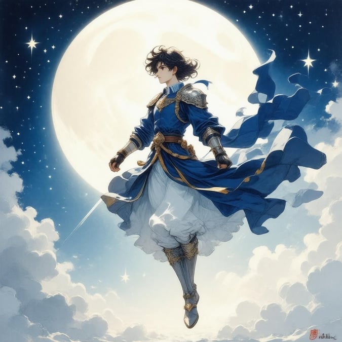 A captivating anime illustration featuring a warrior in mid-air, clad in blue and white, standing amidst swirling stars. The sky is a crescent moon, a bright light source, and a starry night sky adds a celestial element to the scene.