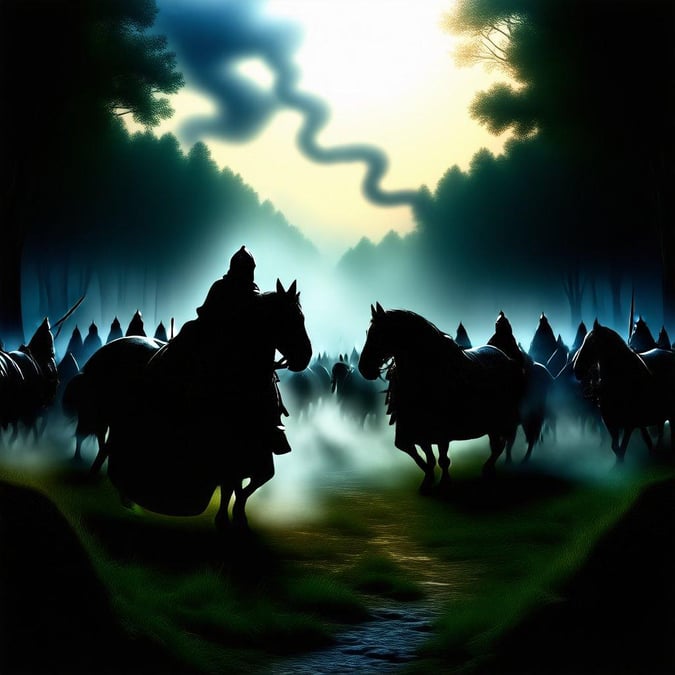 Immerse yourself in a magical journey through a hauntingly beautiful enchanted forest. Two knights on horseback meet amidst the mist, leading a congregation of shadowy figures on steeds that seem to come from another realm.