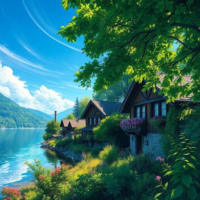 A picturesque village nestled by the water, with houses that exude a cozy Swiss Alpine charm.