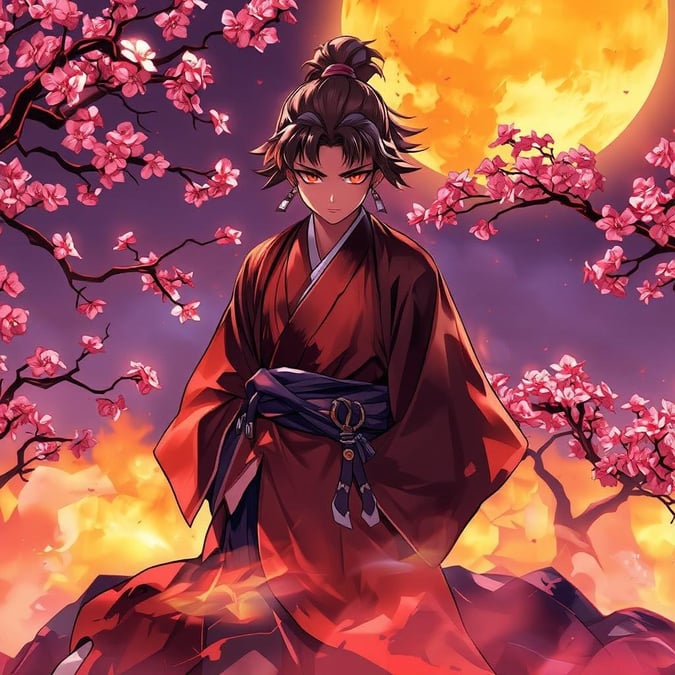 A young warrior stands vigil on the mountain peak at dusk, encircled by cherry blossom trees. The tranquility is broken only by the distant hum of life and the soft rustle of leaves in the evening breeze.