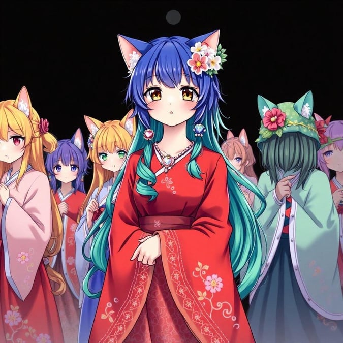 This stunning anime illustration showcases a group of catgirls in traditional attire, set against a dark background that highlights their vibrant colors. The central figure, a woman in a red dress, is a kaleidoscope of blue and green, with her hair adorned with flowers and beads, adding a whimsical touch to this harmonious scene.