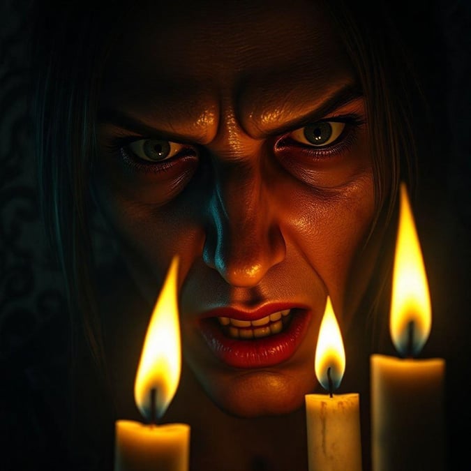 This intense gaming wallpaper captures the essence of a woman's fierce determination, surrounded by the glow of candles.