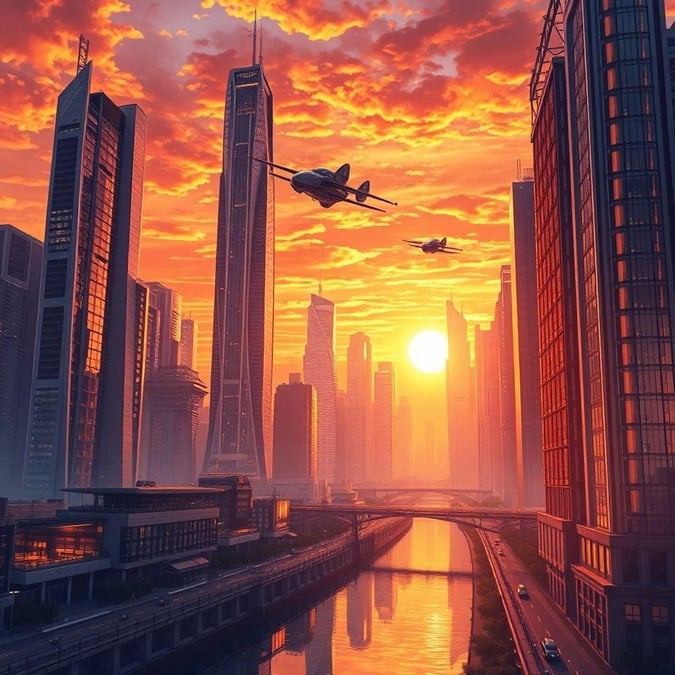 Experience the vibrant energy of a futuristic city at sunset, where towering skyscrapers and flying cars blend with the serene beauty of a river.