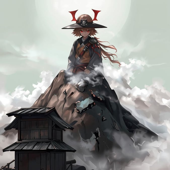 This anime illustration depicts a young samurai warrior standing on top of a mountain peak, surrounded by mist and clouds, creating an anime-like atmosphere.