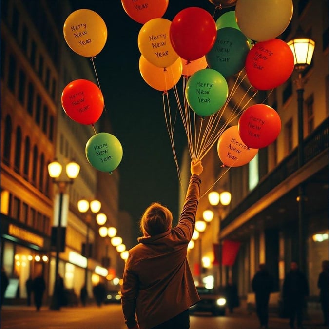 A person celebrating the new year with colorful balloons.